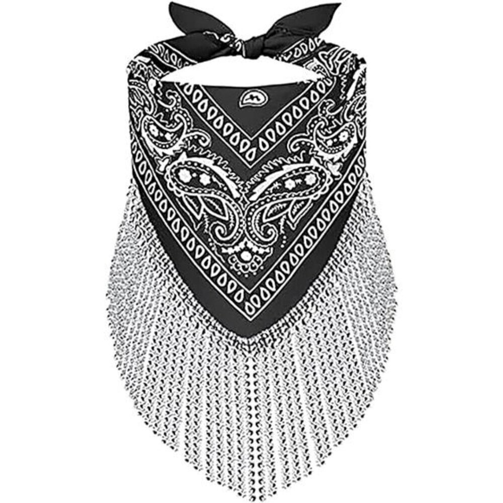 Black Paisley Bandana Scarf with Rhinestone Fringe – Western Festival Accessory